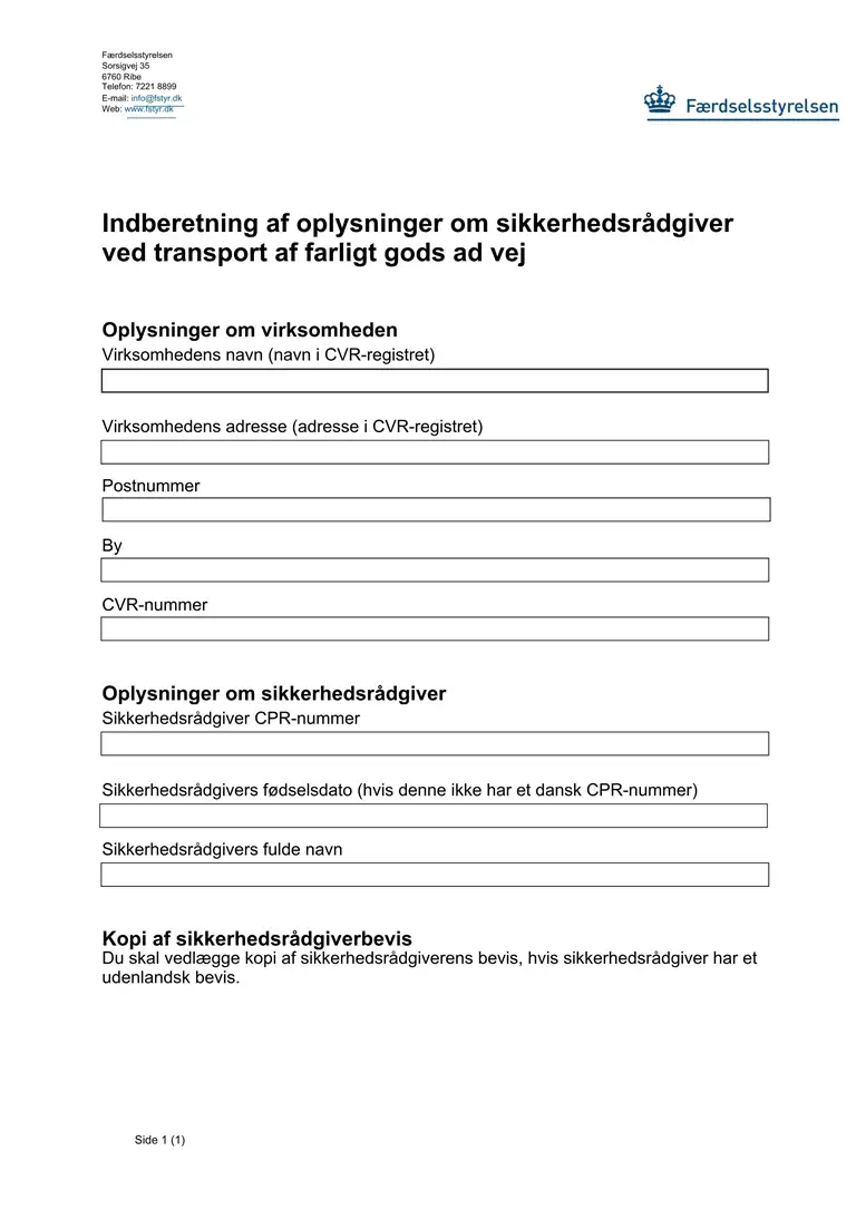 Dokument til indberetning af din sikkerhedsrådgiver